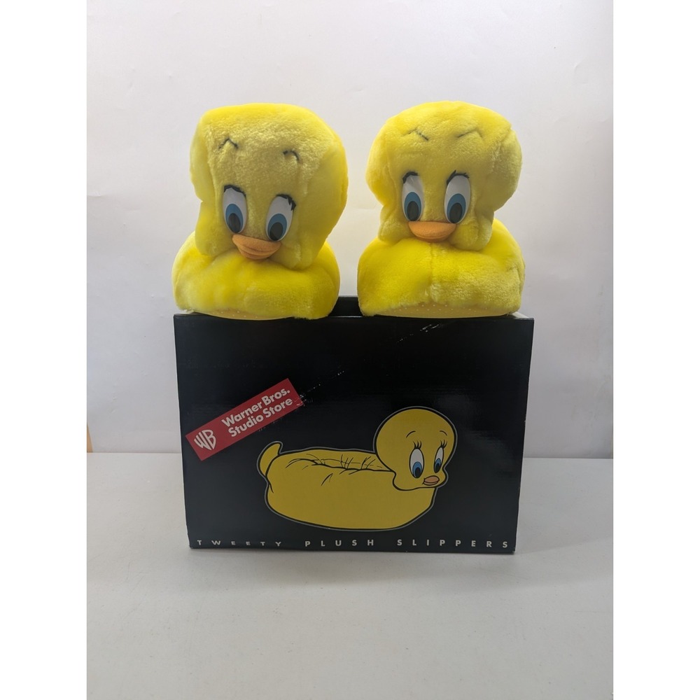 Vtg 1998 Tweety Bird Slippers Looney Tunes Warner Bros Plush Yellow Large w/ Box
